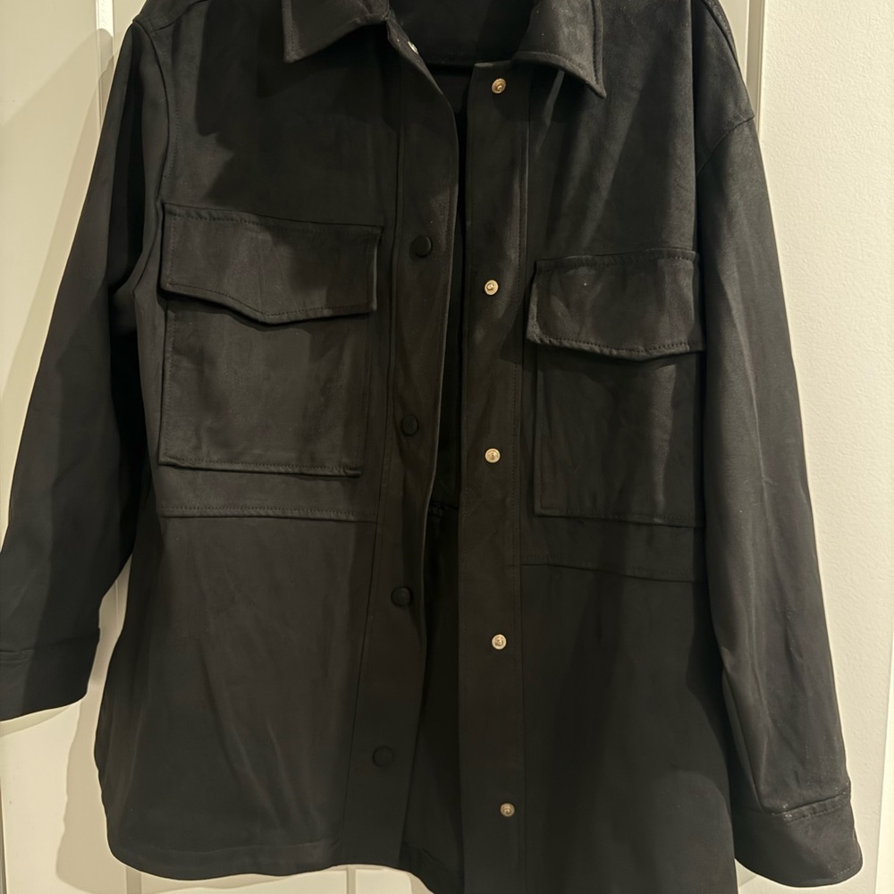 Zara Black Suede Utility Jacket with Front Flap Pockets
